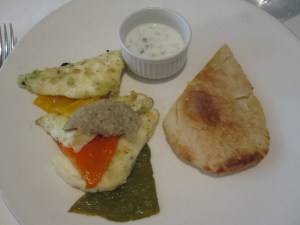 Grilled Marinated Halloumi Cheese with Flat Breads, Baked Peppers, Aubergine Caviar and Tzatziki Dressing