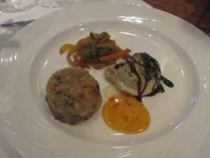 Baked Goat's Cheese on Walnut Bread with Fruit and Nut Quinoa and Stir-Fried Vegetables
