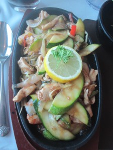 Beach House Sizzler - Chicken and King Prawn with extra Zucchini. Served with Rice or Chips