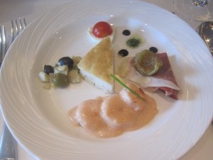 Mixed Platter of Prosciutto, Olives, Focaccia and Prawns