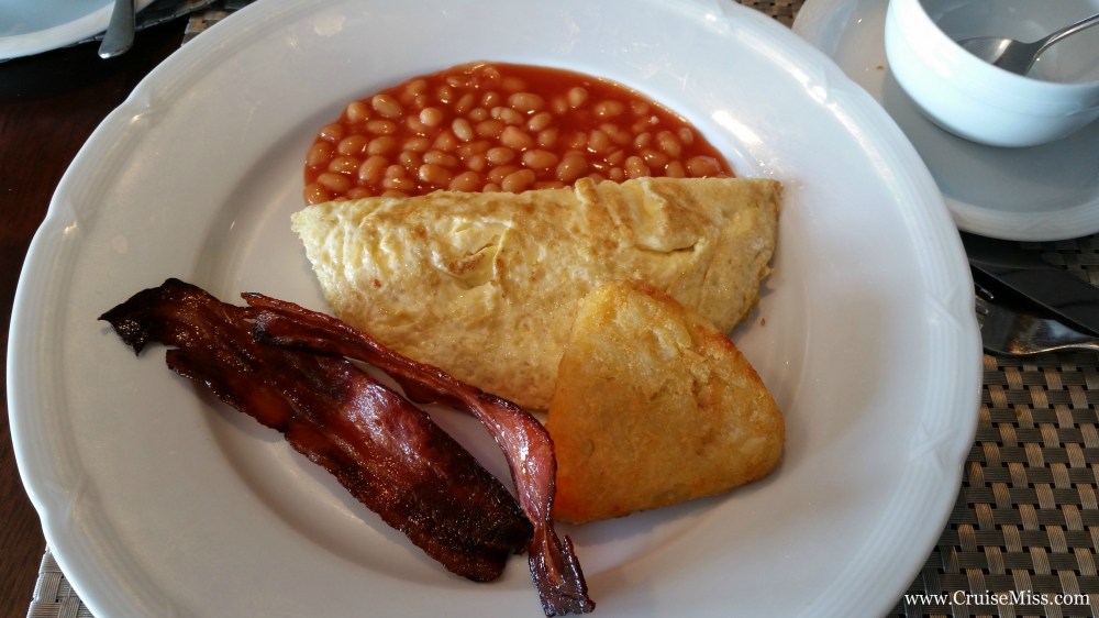 Freshly cooked omlette, baked beans, hash brown and delicious crispy bacon.
