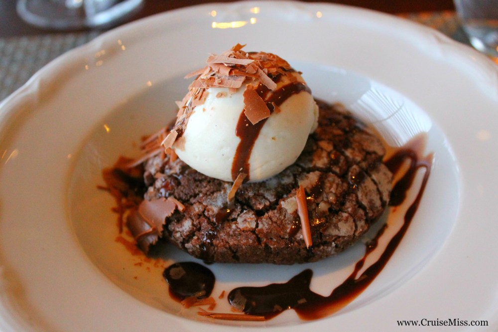 Warm fudge cookie with vanilla ice cream and chocolate sauce