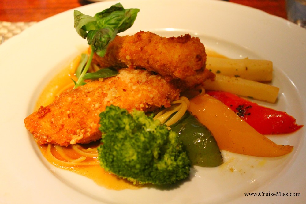 Chicken breast 'Parmigiana' with linguine and salsify 