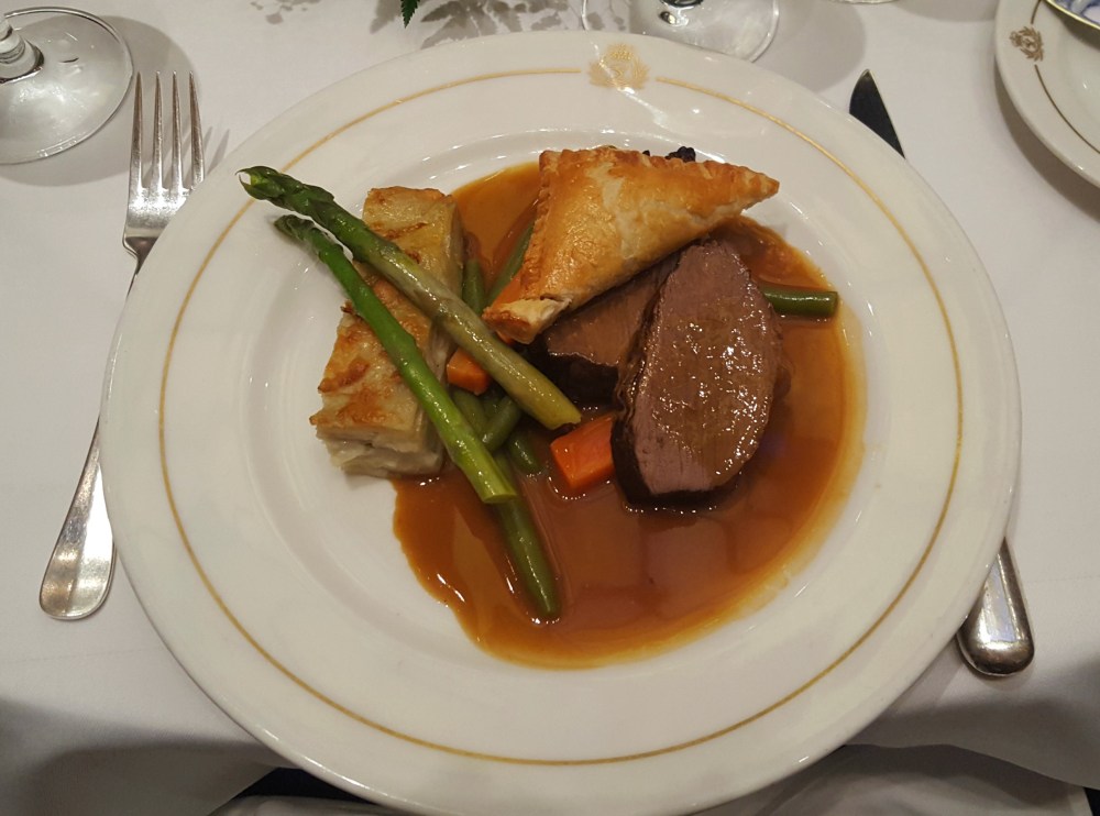 Chateaubriand with a wild mushroom turnover and gratin dauphinoise.